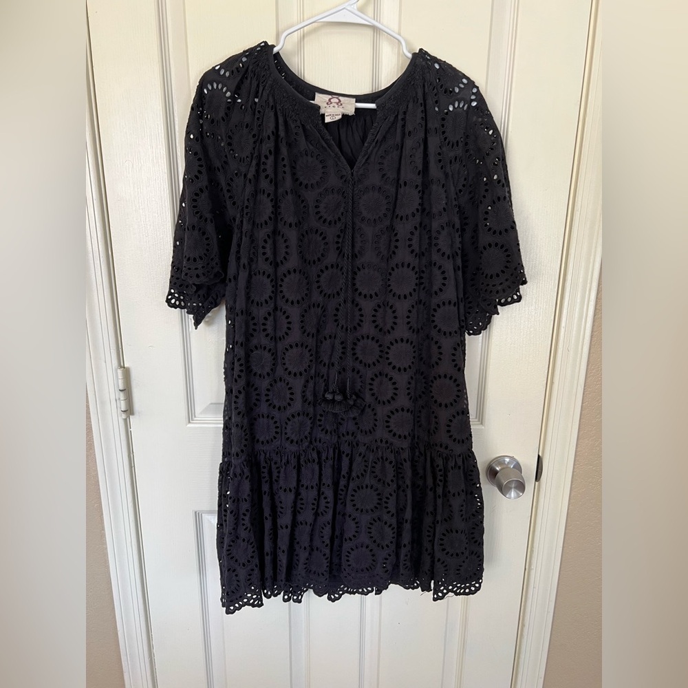 Figue Black Eyelet Cotton Tassel Boho Dress Large Drop Waist